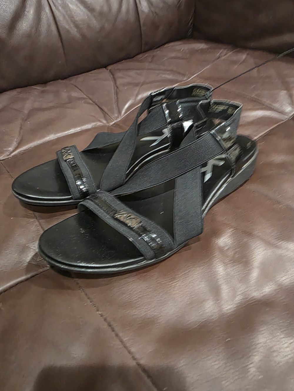 Anne Klein Sport Black Elastic Cross-Strap Sandals